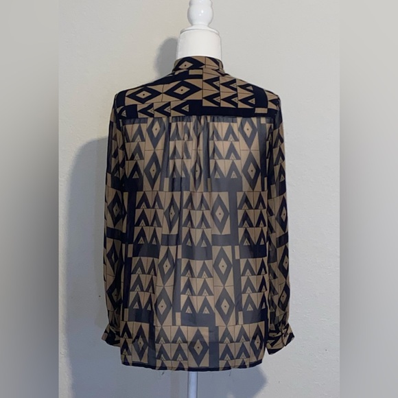 Zoa New York Anthropologie Blue Tan Sheer Geometric Print Long-Sleeve Small - Picture 6 of 6